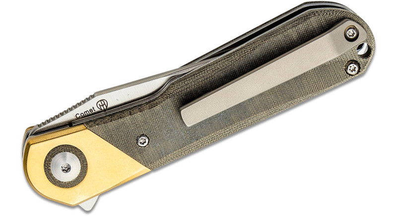 Ніж Kizer Comet, лезо 76мм 154CM, руків'я Micarta, Brass Brass, Green, Liner Lock - V3614C1