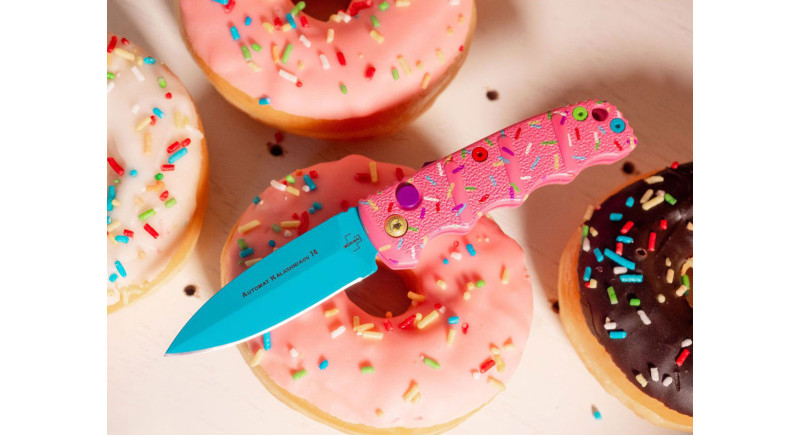 Ніж Boker Mini Kalashnikov, лезо 64мм AUS-8, руків'я з алюмінію Pink, Button Lock - 01KALS88NSOI