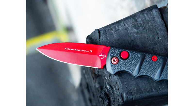 Ніж Boker Mini Kalashnikov, лезо 64мм D2, руків'я з алюмінію Black, Button Lock -